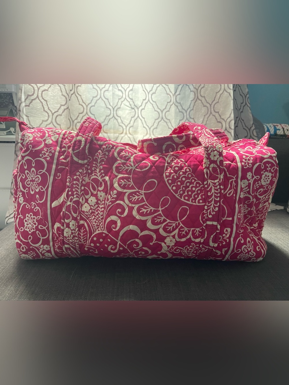 Vera Bradley Pink Quilted Small Duffel Bag with White Floral Print - Picture 2 of 8